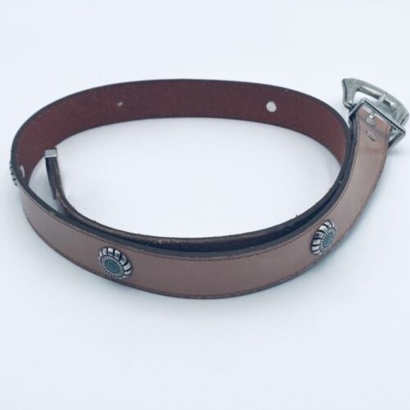 Omega Leather Belt Tan with Silver Tone & Aqua Detail Size Large Vintage Taiwan - Picture 6 of 8
